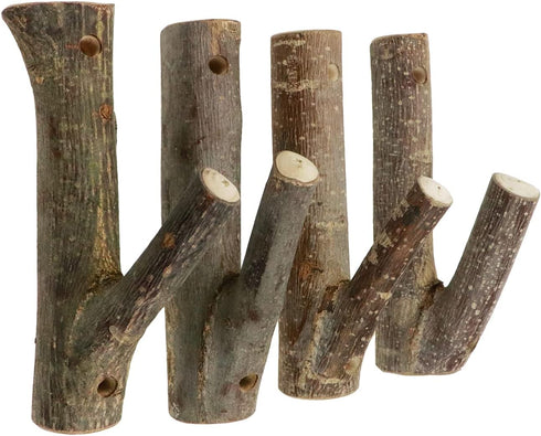 4Pcs Real Wood Tree Branch Wall Hook, Farmhouse Rustic Decorative Wooden with