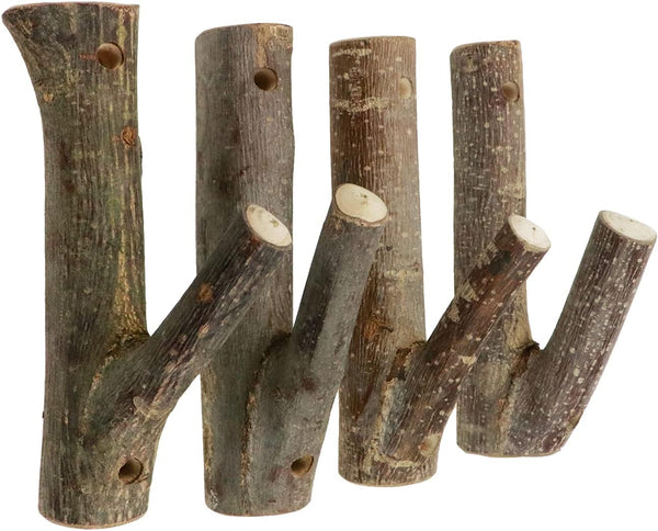 4Pcs Real Wood Tree Branch Wall Hook, Farmhouse Rustic Decorative Wooden with