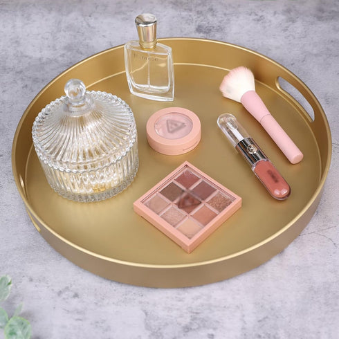 13 Round Gold Decorative Serving Tray with Handles, Versatile Ottoman Tray for Coffee Table, Entertaining, Outdoor