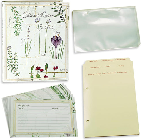 Meadowsweet Kitchens Recipe Card Holder Cookbook Mini 2 Ring Binder Organizer - Recipe Binder Cook Book w/ 25 4 x 6 Cards, 50 Clear Card Sleeves, & 9 Card Dividers w/ Categories (Botanical Treasures)