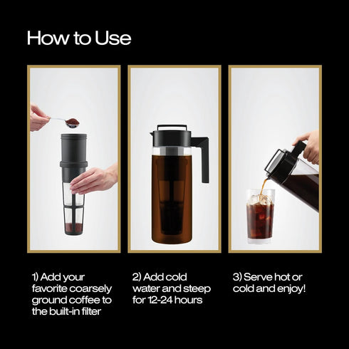 Takeya 2 Quart Glass Cold Brew Coffee Maker for Iced Coffee, Airtight Pitcher, Premium Quality, Black Lid and Handle