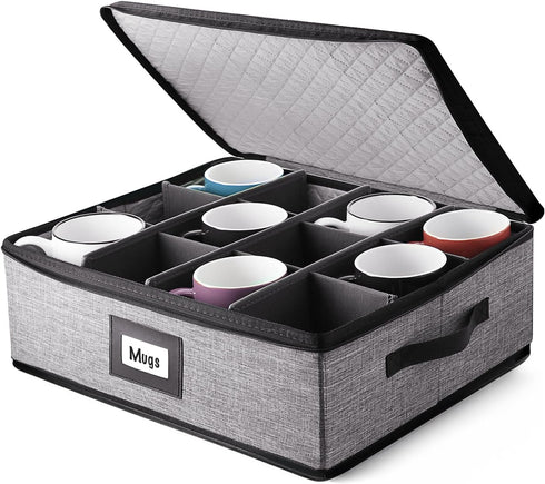 Coffee Mug Storage – Quilted Stackable Organizer for 12, Mug Storage Box with Dividers for Moving and Seasonal Storage