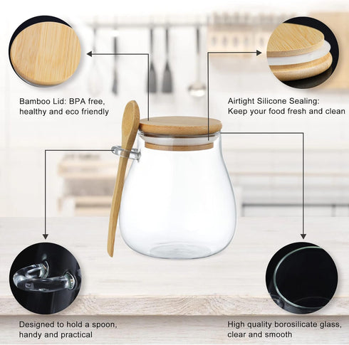 Joeyan Glass Jar with Airtight Bamboo Lid, 12 oz Salt Sugar Spice Container, Set of 2 for Kitchen Countertop