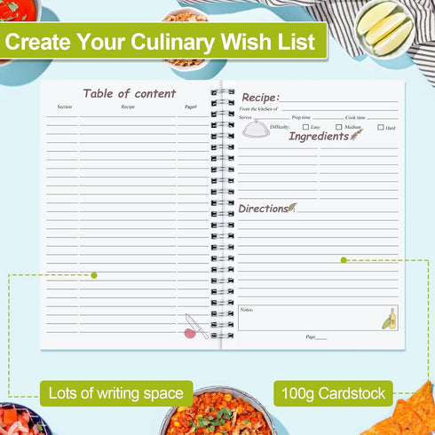 PECULA Recipe Book, 5.6"x 8.2" Blank Recipe Notebook to Write Your Own Recipes, Holds 170 Recipes