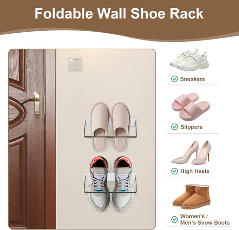 2-Pack Closet, SCUNDA Wall Mounted Shoe Rack, Wooden & Metal Foldable Shoe Rack - Space Saving Wall Shoe Holder