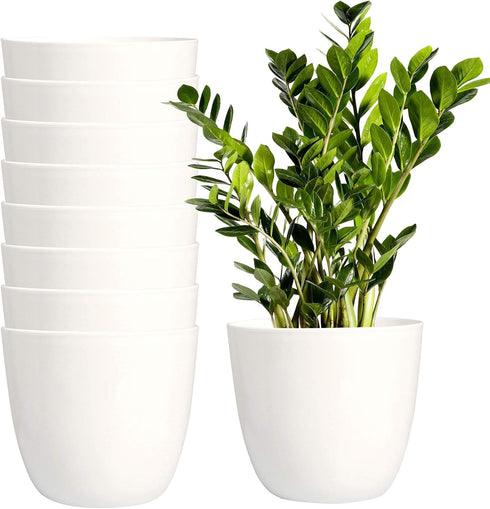 Youngever 8 Pack 5.5 Inch Plastic Planters, White Indoor Flower Plant Pots with Drainage for All House Plants