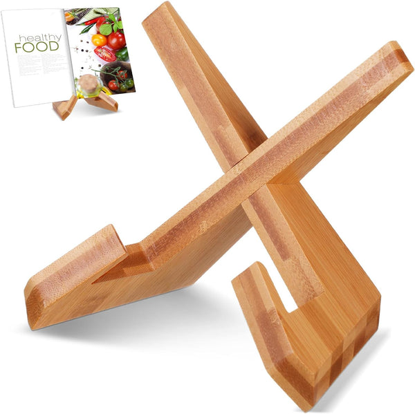 Bamboo Cookbook Stand for Kitchen, Rustic Wooden Recipe Book Holder for Kitchen Counter (Natural Yellow)
