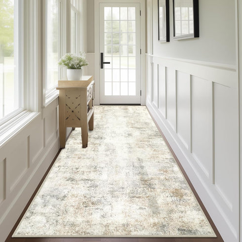 Capslpad Abstract Washable Runner Rug, 2.6x8 Light Beige Non-Slip Modern Low Pile Kitchen Rug