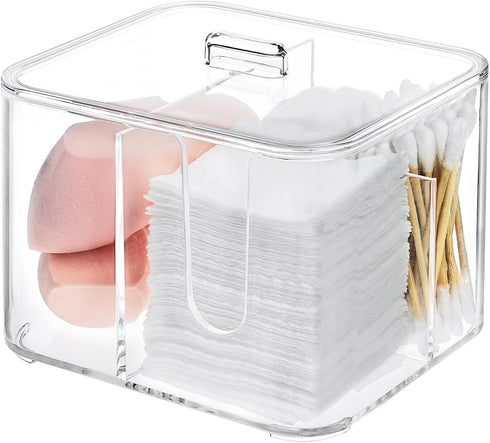 Qtip Holder - Clear Acrylic Cosmetic Items Storage Dispenser for Bathroom Vanity Countertop, 4 Compartments
