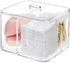 Qtip Holder - Clear Acrylic Cosmetic Items Storage Dispenser for Bathroom Vanity Countertop, 4 Compartments