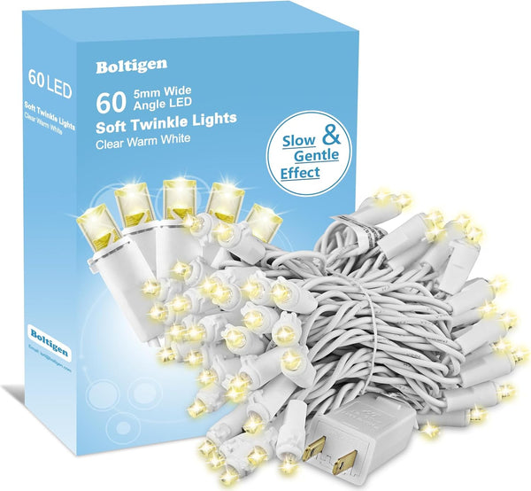 Boltigen Soft Twinkle Christmas Lights, 60 LED Clear Warm White Mini String