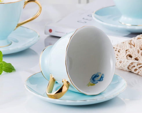 Set Set 6 (FD-TCS02 (6), 7oz) Jusalpha Fine China Tea Cup and Saucer Coffee Cup with Saucer and Spoon of blue