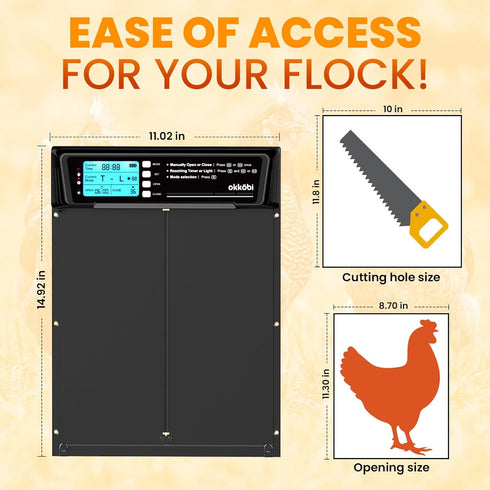 Anti-Pinch 11.3" 8.7" 5-Year Extra Large Automatic Chicken Coop Door Solar Powered with Remote - LCD Display, Light