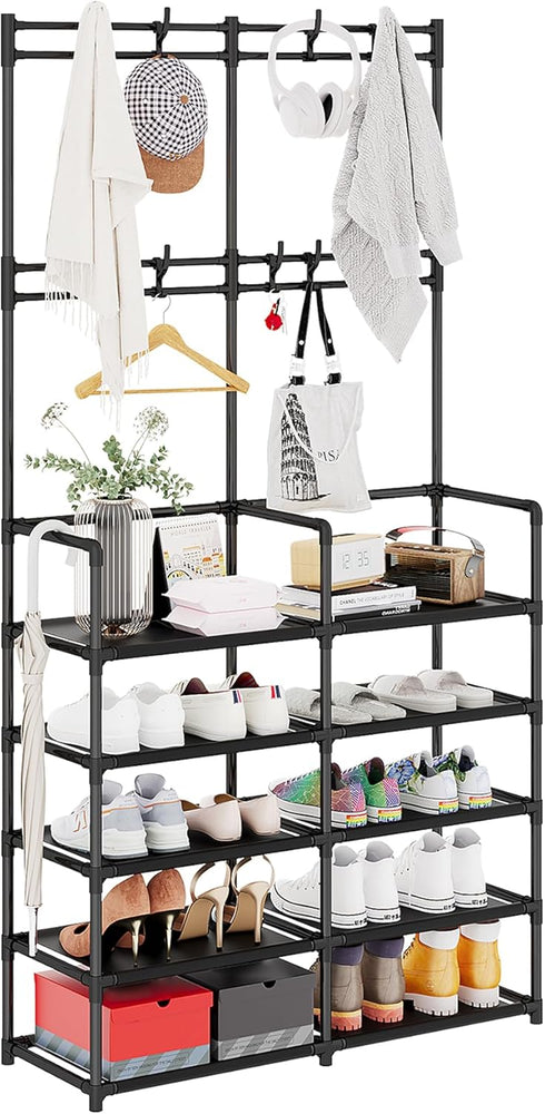 UDEAR 5-Tier Coat and Shoe Rack, Entryway Coat Rack with 8 Hooks,