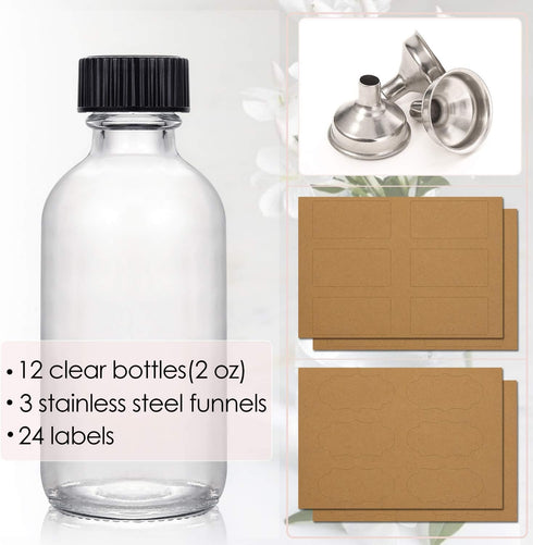 AOZITA 12 Pack, 2 oz 3 60ml Immunity, Small Clear Glass Bottles w/Lid & Funnels - Boston Shot Bottles for Health