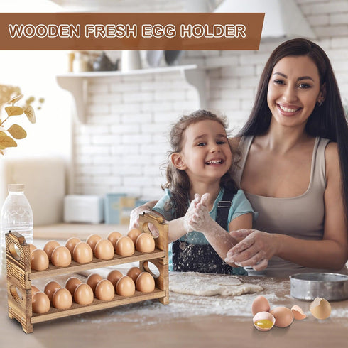 4 Layers/48-Hole, Countertop Wooden Egg Holder with Stackable Wood Egg Rack with Handle, Stores