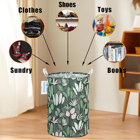 LANGYASHAN Laundry Basket - Canvas Fabric Collapsible Organizer for Storage Bin, Toy Bins, Gift Baskets (Round Leaf)
