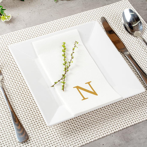 15.8 7.9 Inch 50 Luxenap X Linen-Feel Guest Towels, Lettered Hand Towels - Gold Letter 'N', Sans Serif Font, White