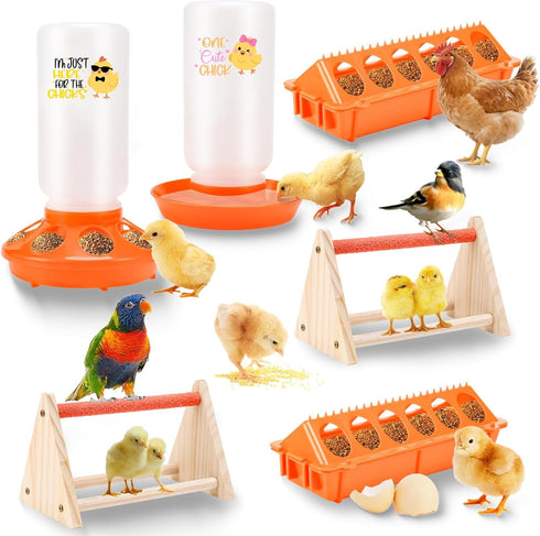 ATHCOHT Set,Automatic 1L 2 Chicken Feeder and Waterer Chick Feeder and Waterer with Wooden Perch,Baby Chicks Supplies
