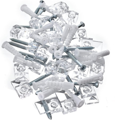 20 Pack 3-4mm Frameless Mirror Holder Clips Clear Mirror Mounting Clip Plastic Glass Retainer Clips Mirror Mounting Hardware with Screw and Anchors for Wall, Cabinet, Door