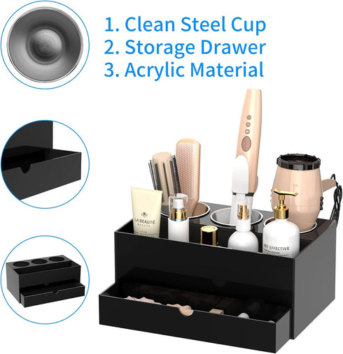 NIUBEE Hair Tool Organizer, Black Acrylic Hair Dryer and Styling Organizer with Drawer for Bathroom Countertop