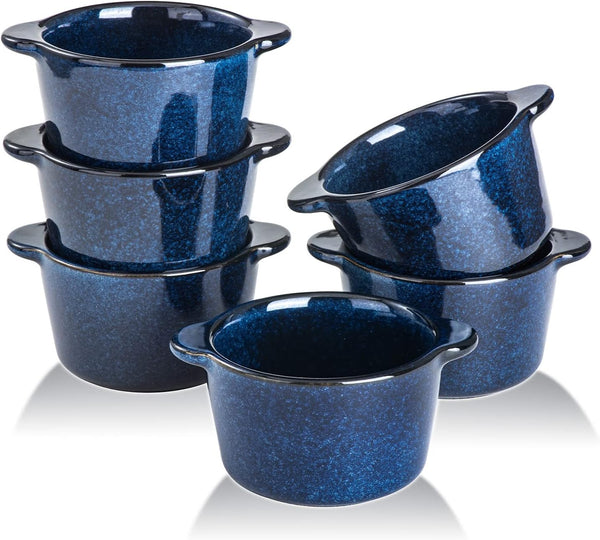 VICRAYS Creme Brulee Ramekins, 6 oz Ceramic Bowls for Baking Individual Casserole, Souffle Dishes, Blue Set of 6