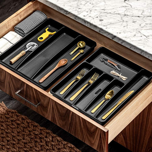 madesmart Classic 3-Compartment Plastic Utensil Tray - Multipurpose Storage Drawer Organizer, Carbon Large.