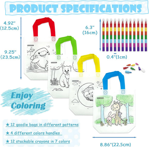 HahaMagic 12 12 Crayons(7-in-1), Coloring Goodie Bags with Reusable Art Party Favors for Kids Classroom, Birthday