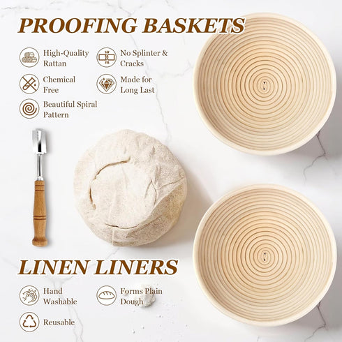 2 9 Inch 24 Oz Sourdough Bread Baking Supplies, Sourdough Starter Kit, Round Banneton Bread Proofing Basket with Glass