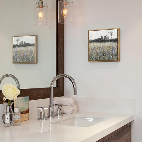Framed Wall Art Vintage Classical Farmhouse Painting, Rustic Wildflower Field Landscape Canvas Print