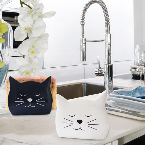 KAIGOBOX Countertop 2PCS Sponge Holder for Ceramic Sponge Caddy Cat Shape Cute Scrub Brush Dish Wand Holder for Kitchen