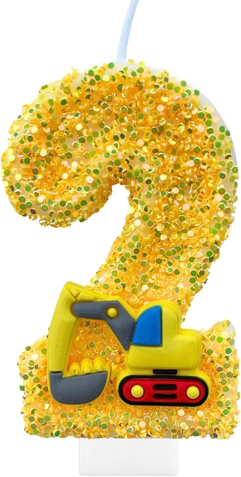 Construction Birthday Candles for Cake Decoration Yellow Glitter Number 2 Candle Construction
