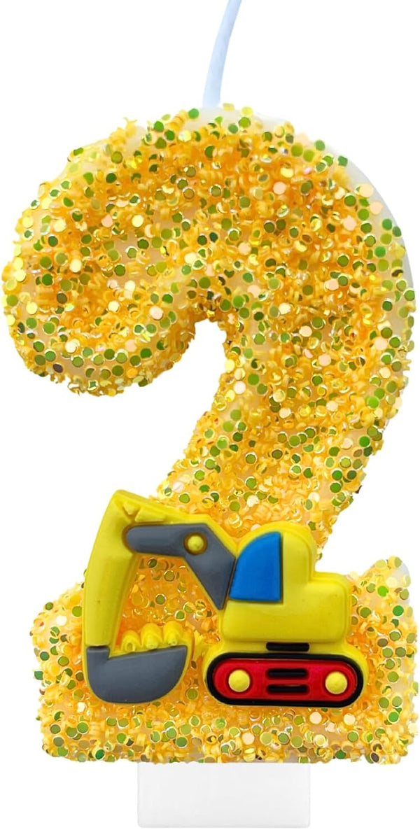 Construction Birthday Candles for Cake Decoration Yellow Glitter Number 2 Candle Construction