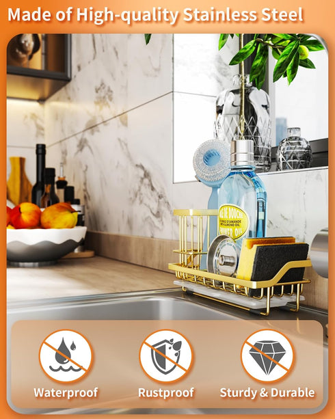 SWTYMIKI Kitchen Sink Organizer with Detachable Brush Holder, Gold Stainless Steel Sponge Holder with Removable Drip
