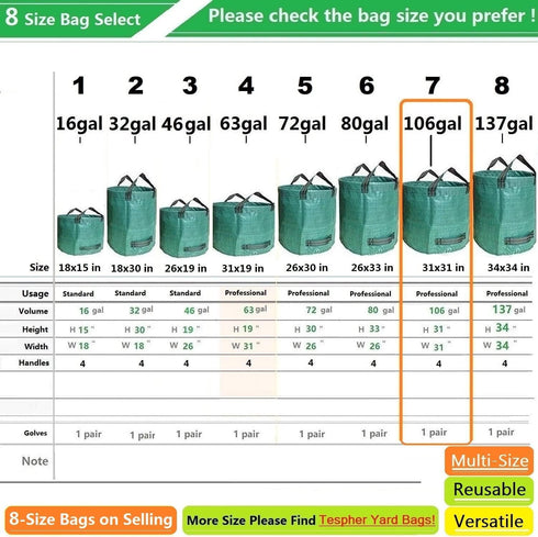 2-Pack 106 (D31,H31 inch) 4 Professional Gallon Large Lawn Garden Bags Yard Waste Bags with Gardening Gloves for Leaf