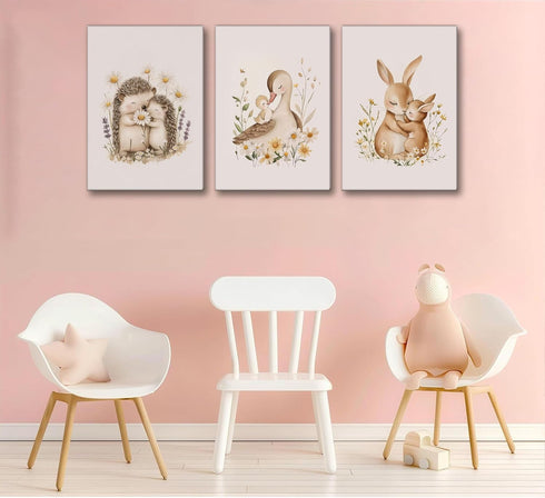 UNDDISINS 3 Pcs Animal Nursery Canvas Wall Art Watercolor Baby Animals with Wildflowers Painting Picture Wall Decor