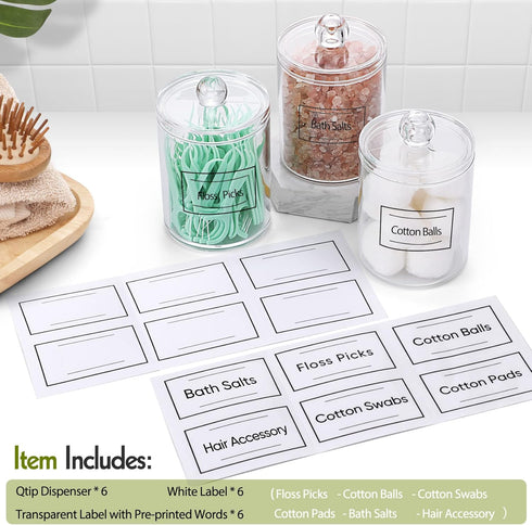 6 Pack Qtip Holder Dispenser for Cotton Ball, Cotton Swab, Cotton Round Pads, Floss - Clear Plastic Apothecary Jar Set, Bathroom Canister Storage Organization, Vanity Makeup Organizer (12oz & 10oz)
