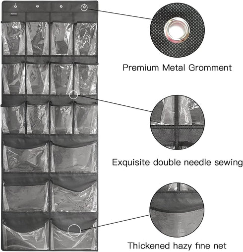 2 Pack Extra Large Over Door Shoe Organizers, Closet Shoe Rack with 12+6 Crystal Pockets, 8+8 Hooks, Black (59"x 21.6")
