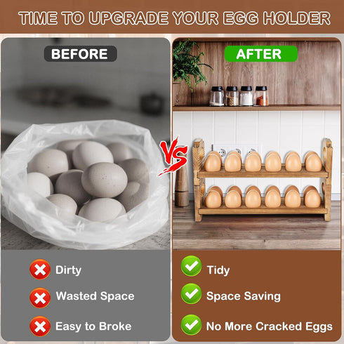 4 Layers/48-Hole, Countertop Wooden Egg Holder with Stackable Wood Egg Rack with Handle, Stores