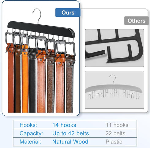 Belt Hanger for Closet, Max 42 Belts, Sturdy Wood Rack with 14 Hooks, Black, 1 Pack