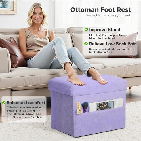 300 lbs, 17x13x13IN Small Ottoman with Storage, Folding Soft Fur Storage Foot Rest Stool with Thicker Furry Padded