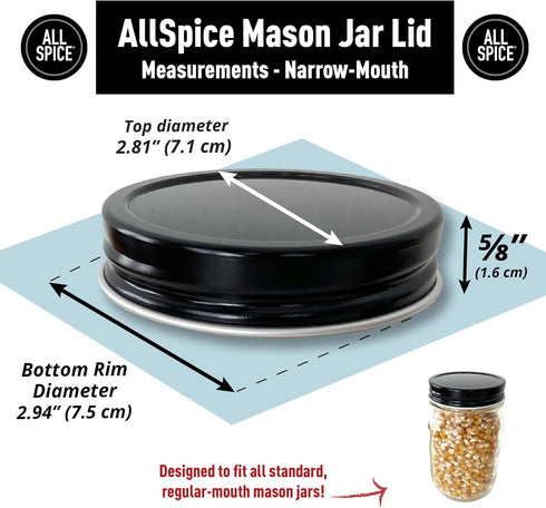 AllSpice Rust-Proof Narrow Mouth Aluminum Metal Mason Jar Lids, Leak-Proof 12-Pack in Black