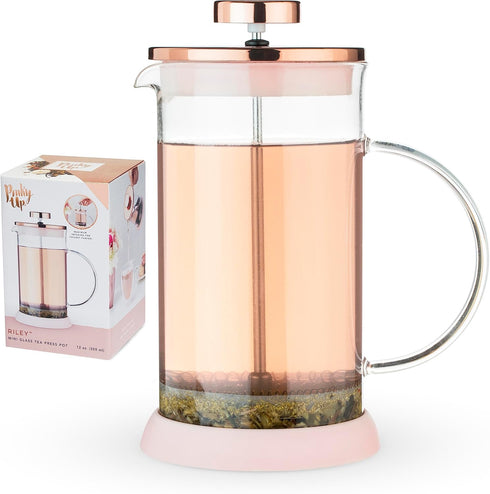 Pinky Up Riley Mini Glass Tea Press Pot, 12 oz Coffee Maker, French Press for Hot or Iced Beverage, Pink