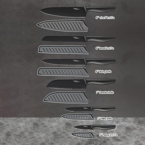 Marco Almond Kitchen Knife Set, KYA38 12-Piece Kitchen Knives Set with Covers, 6 Knives with 6 Blade Guards, Stainless Steel Cooking Knives Set for Kitchen, Black by Marco Almond