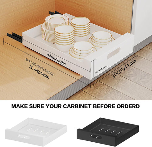 Pull Out Cabinet Organizer Adhesive, 12'' W x 16.9"D x 3.1'' H Heavy Duty Carbon Slide Out Pantry Shelves for Kitchen