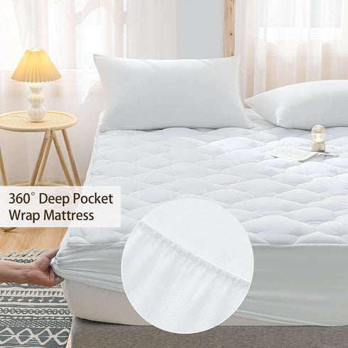WhatsBedding Waterproof King Size Mattress Pad, Cotton Top Down Alternative Filling Quilted Mattress Topper Cover