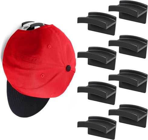 Modern JP 8-Pack Adhesive Hat Hooks for Wall, Minimalist Design, No Drilling, Strong Hold Hat Hangers, Black