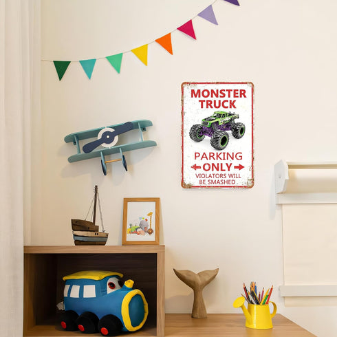 Jinfuteng 8x12 Inch Monster Truck Parking Only Metal Sign, Boys Bedroom Monster Truck Parking Wall Decor, Birthday