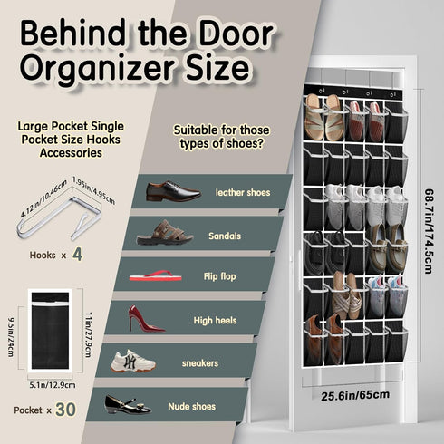 Kotkn 30 Closet 30-Pocket) Over the Door Shoe Organizer with Breathable Mesh Pockets - Large Capacity Storage for Men