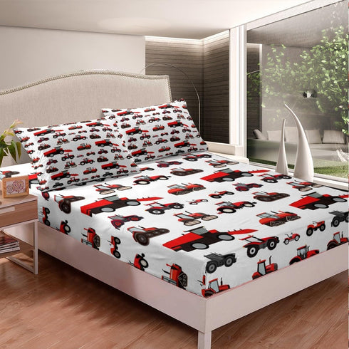 Set Erosebridal Red Tractor Bed Sheet Twin Size Heavy Equipment Truck Bedding Kids Boys Girls Teens Harvester Tractor